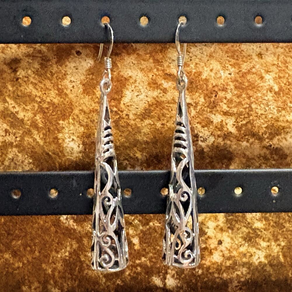 Sterling Silver Filigree Cone Shaped Earrings on Fishhooks 2.25 Inches Long